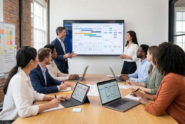 technology-strategy - Marinum Consulting Team of eight in a modern conference room listening to presenters beside a large screen showing a workflow diagram guarded by a whiteboard of colored sticky notes on strategy.