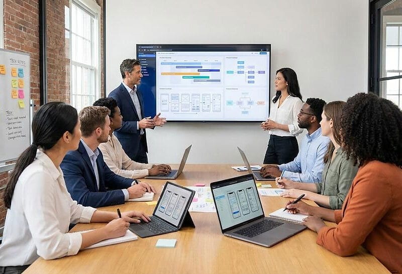 Team of eight in a modern conference room listening to presenters beside a large screen showing a workflow diagram guarded by a whiteboard of colored sticky notes on strategy.