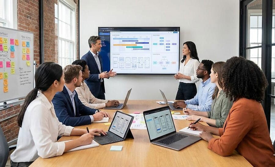 technology-strategy - Marinum Consulting Team of eight in a modern conference room listening to presenters beside a large screen showing a workflow diagram guarded by a whiteboard of colored sticky notes on strategy.