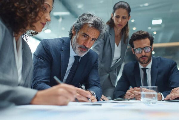 vendor-sprawl - Marinum Consulting Group of four professionals in a modern office, one man signing documents while others observe at a table with papers and water.