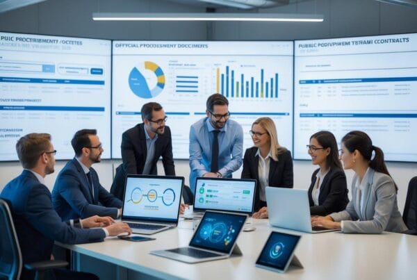 5-warning-signs - Marinum Consulting Six business professionals in a meeting around a table, analyzing data on laptops with large dashboards displayed on wall screens behind them.