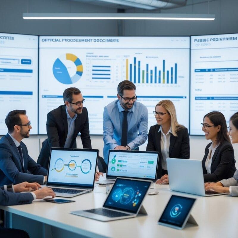 Six business professionals in a meeting around a table, analyzing data on laptops with large dashboards displayed on wall screens behind them.