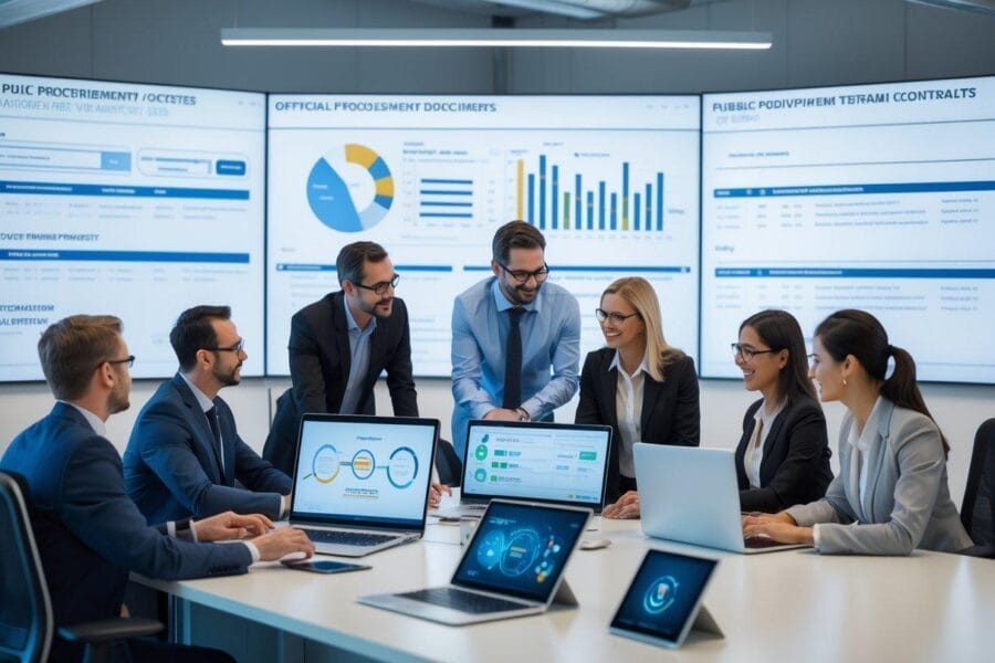 5-warning-signs - Marinum Consulting Six business professionals in a meeting around a table, analyzing data on laptops with large dashboards displayed on wall screens behind them.