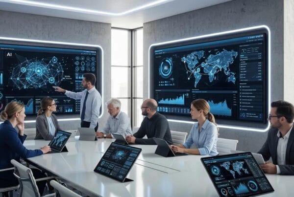 ai-tool-sprawl - Marinum Consulting Team of professionals in a modern conference room analyzing data on large wall-mounted screens with blue dashboards and charts