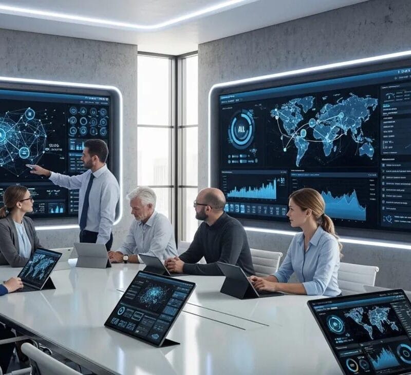 Team of professionals in a modern conference room analyzing data on large wall-mounted screens with blue dashboards and charts