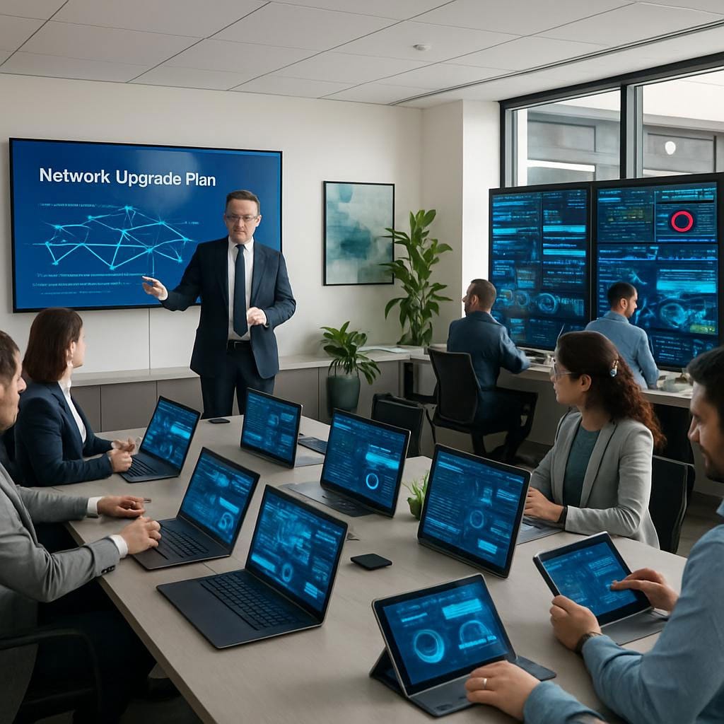 network-upgrade-planning - Marinum Consulting Presenter in a suit explains a 'Network Upgrade Plan' to a team in a modern meeting room, with a large blue slide on the wall and staff using laptops at the table.