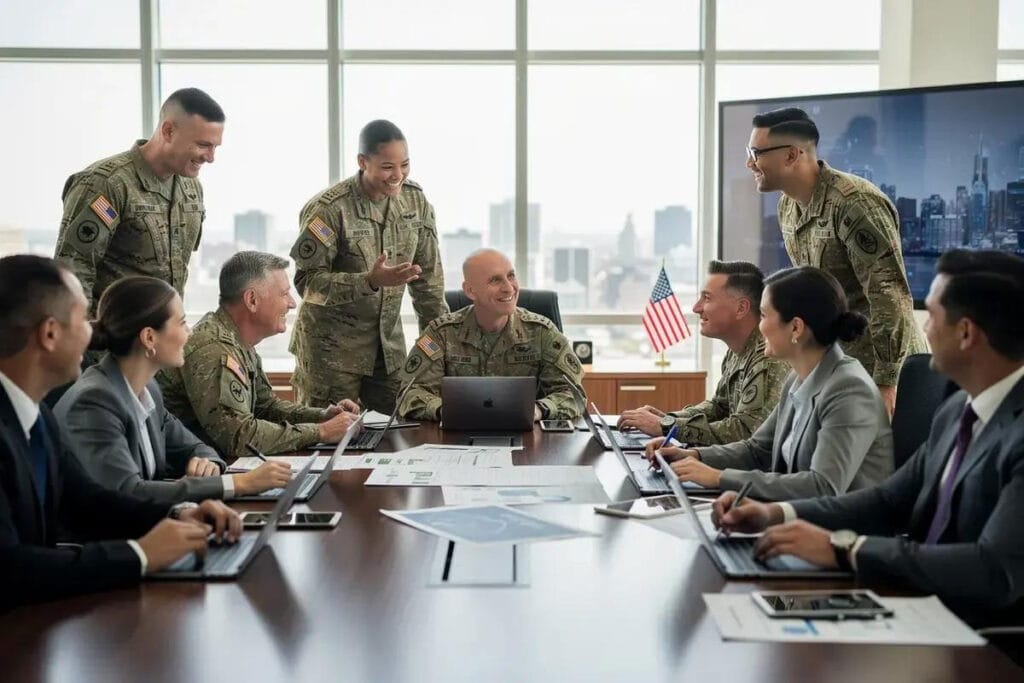 veteran-owned-business - Marinum Consulting Military personnel and civilian colleagues in a conference room, gathered around a table with laptops and documents.